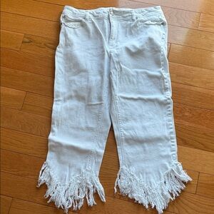 Fringed Hem White Wide Leg Women's Jeans